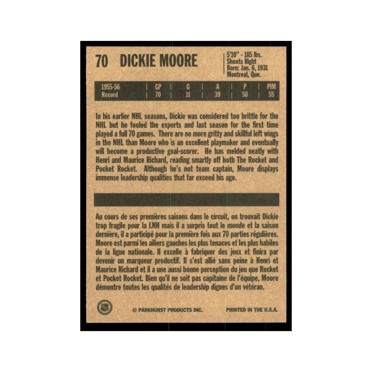 1994 Parkhurst Missing Link 1956-57 Dickie Moore Montreal Canadiens #70