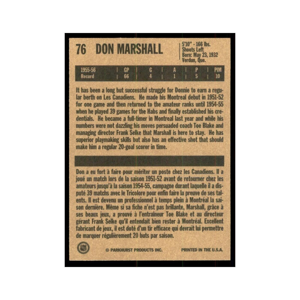1994 Parkhurst Missing Link 1956-57 Don Marshall Montreal Canadiens #76