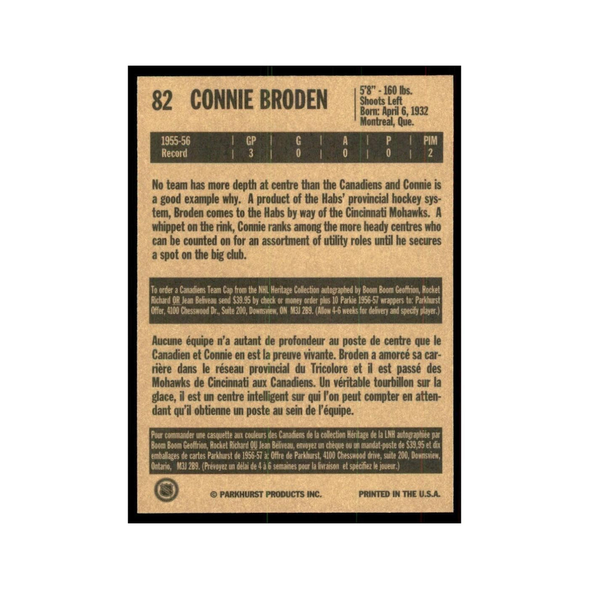 1994 Parkhurst Missing Link 1956-57 Connie Broden RC Montreal Canadiens #82