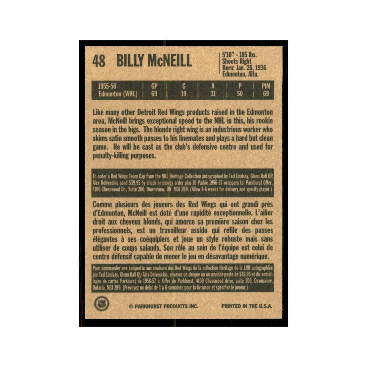 1994 Parkhurst Missing Link 1956-57 Billy McNeill Detroit Red Wings #48