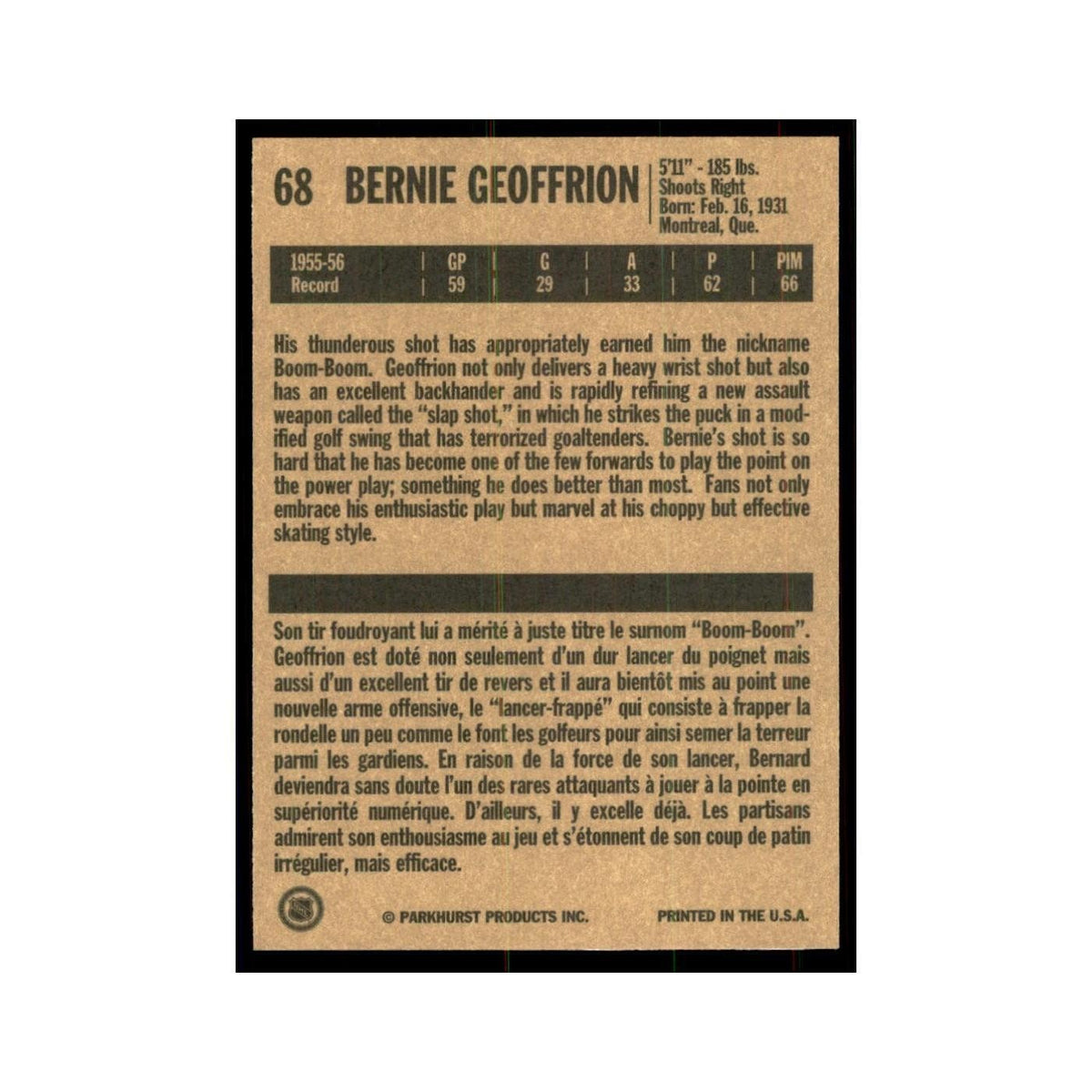 1994 Parkhurst Missing Link 1956-57 Bernie Geoffrion Montreal Canadiens #68