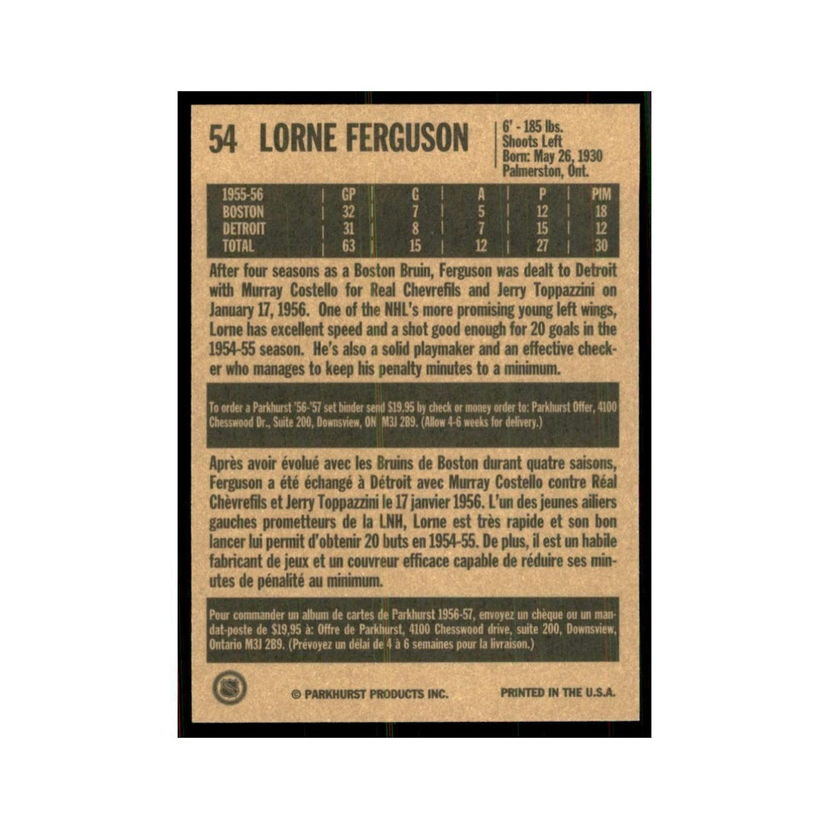 1994 Parkhurst Missing Link 1956-57 Lorne Ferguson Detroit Red Wings #54