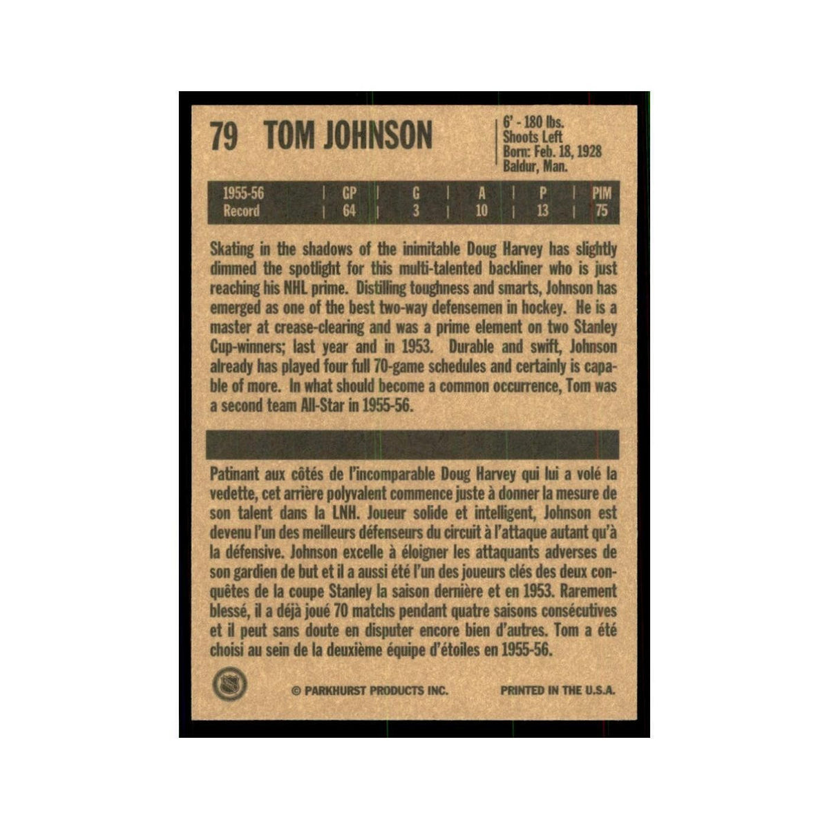 1994 Parkhurst Missing Link 1956-57 Tom Johnson Montreal Canadiens #79