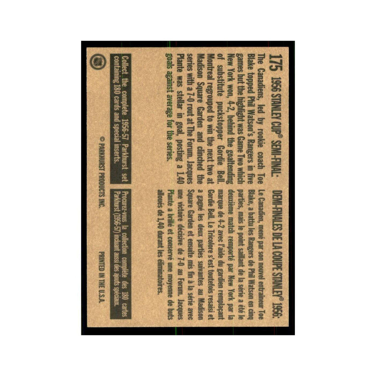 1994 Parkhurst Missing Link 1956 Semi Final New York Rangers #175