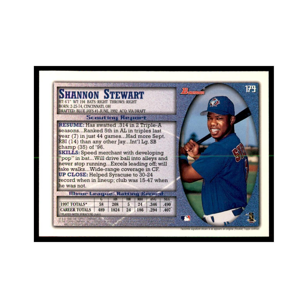 1998 Bowman Shannon Stewart Baseball Cards #179