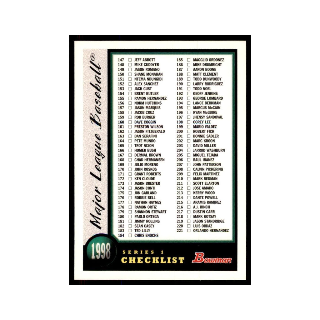 1998 Bowman Checklist Baseball Cards #2 OF 2