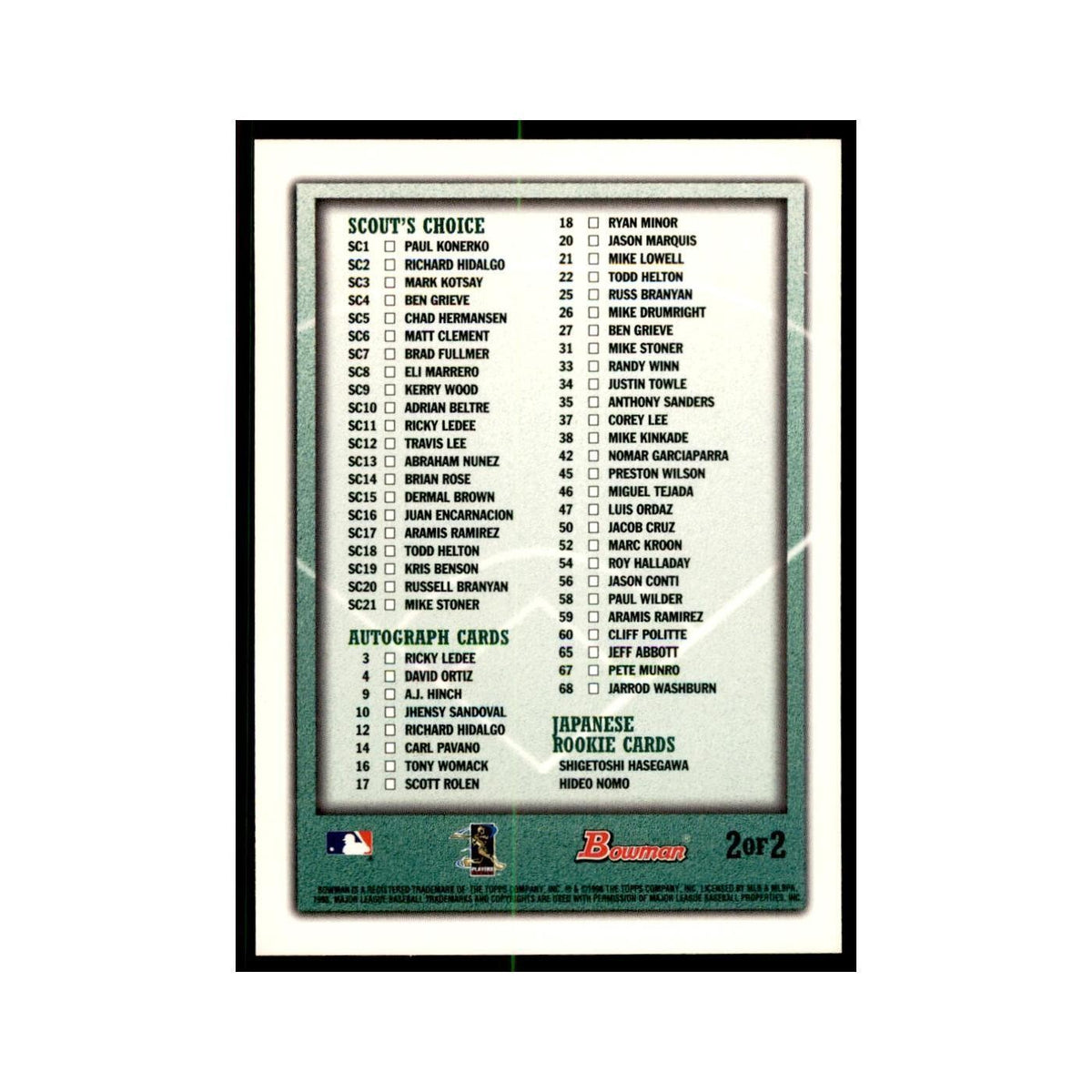1998 Bowman Checklist Baseball Cards #2 OF 2