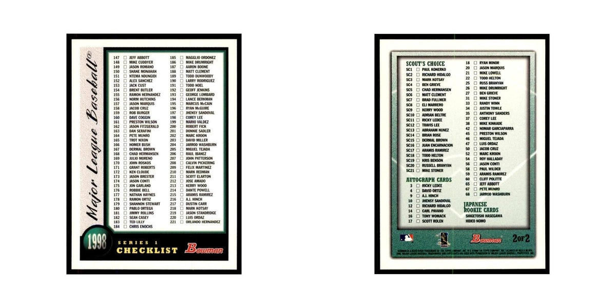 1998 Bowman Checklist Baseball Cards #2 OF 2