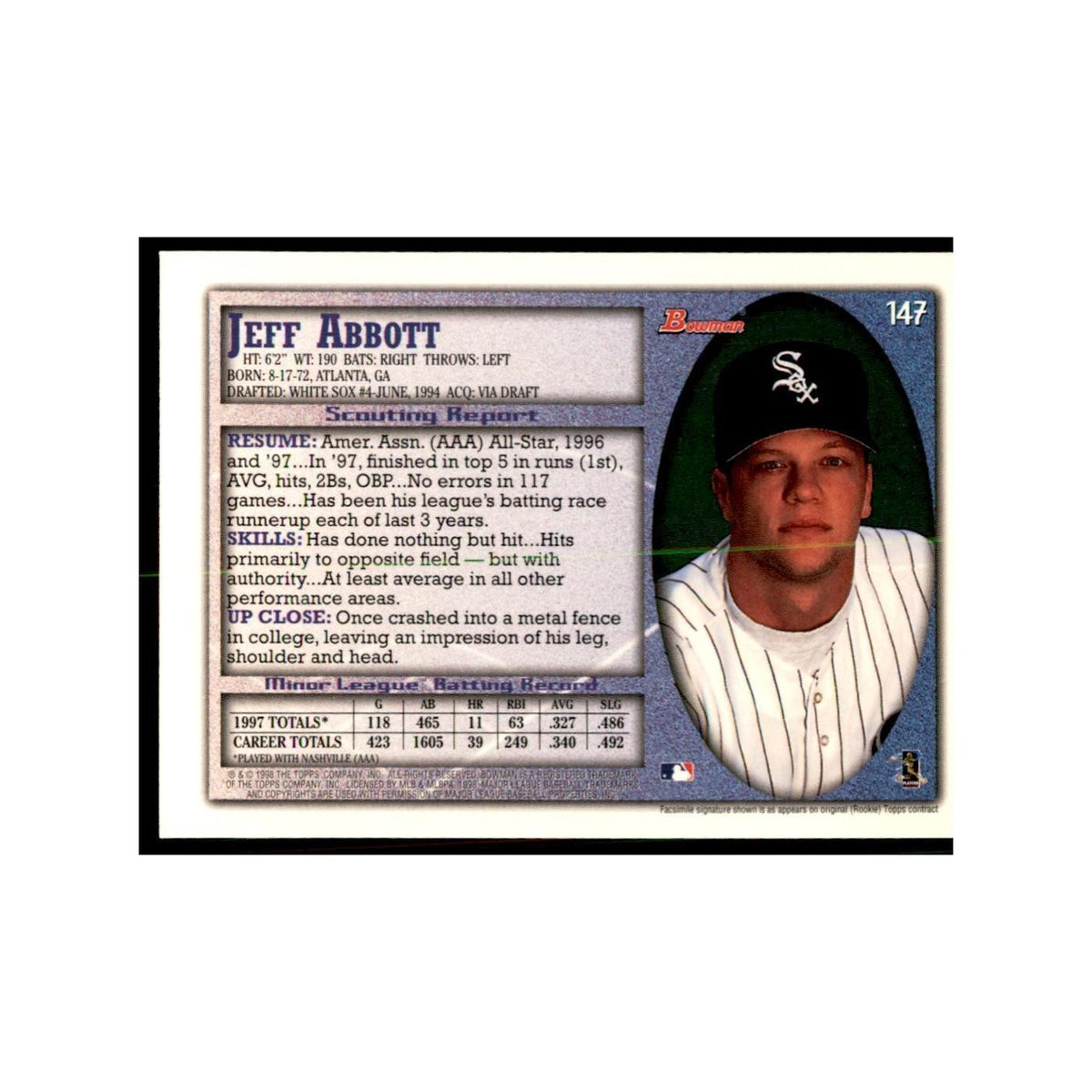 1998 Bowman Jeff Abbott Baseball Cards #147