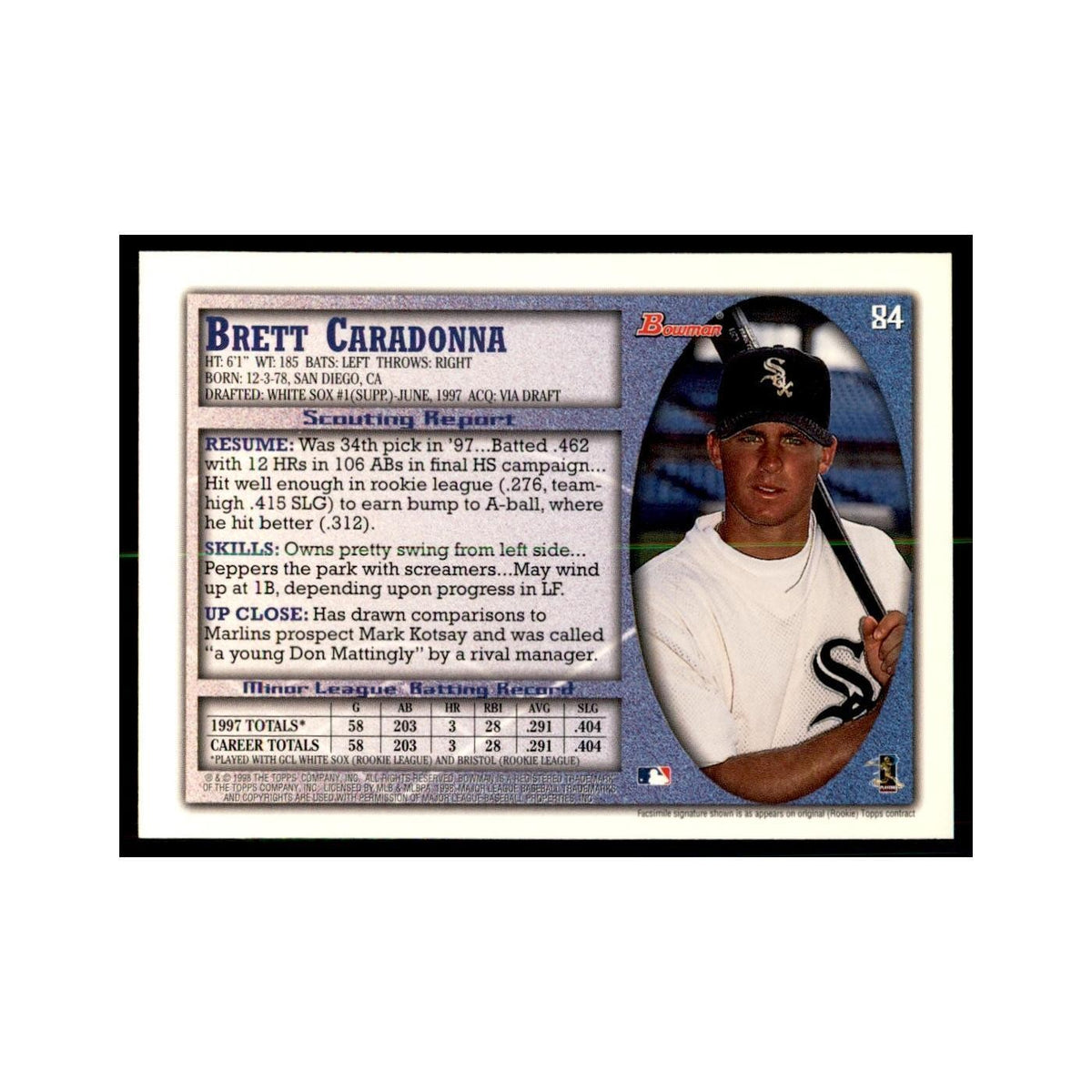 1998 Bowman Brett Caradonna Baseball Cards #84