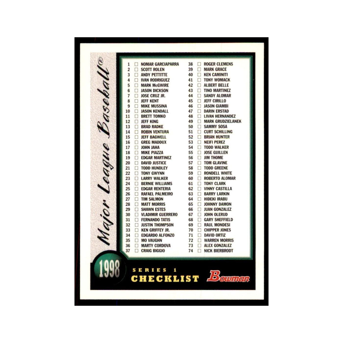 1998 Bowman Checklist Baseball Cards #1 OF 2