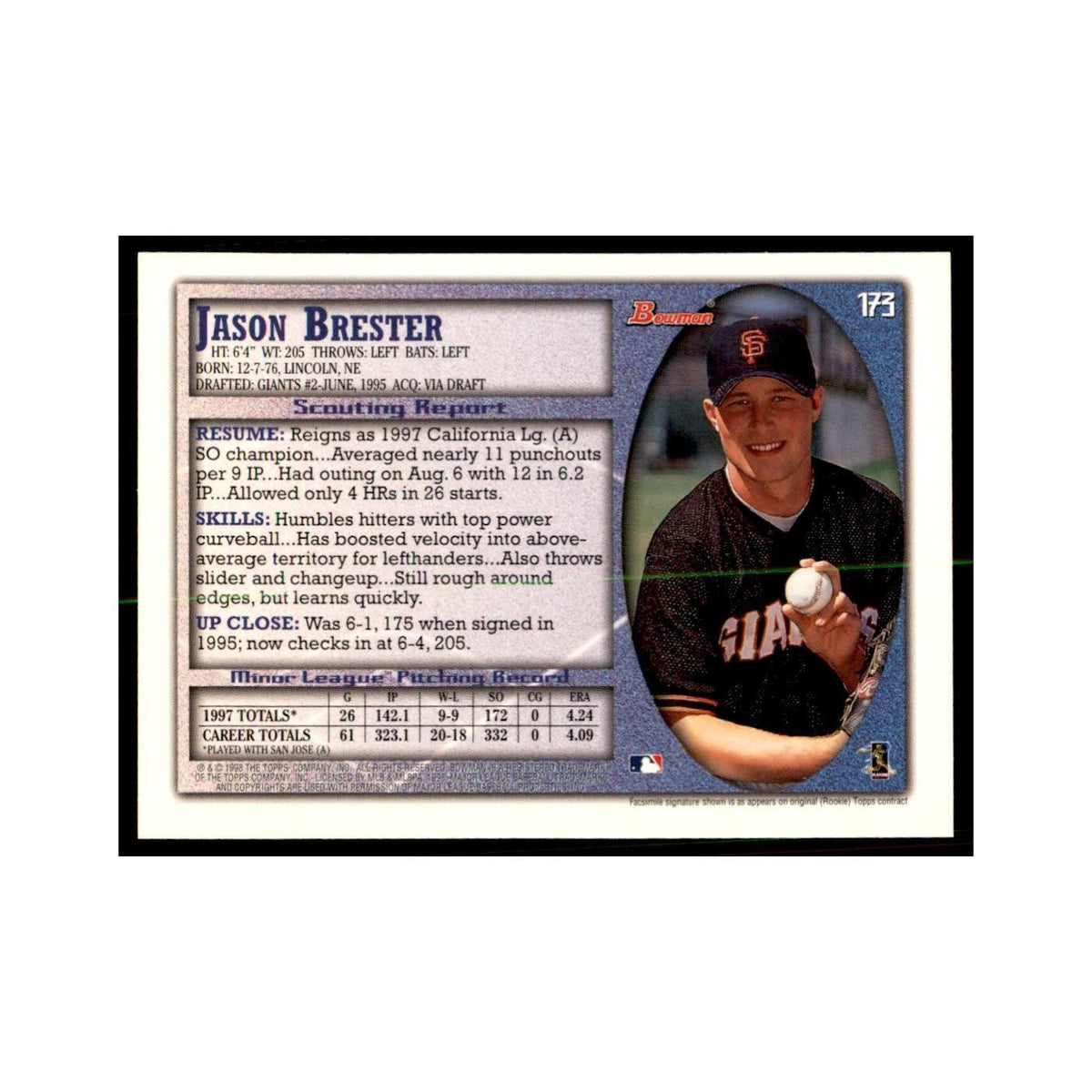 1998 Bowman Jason Brester Baseball Cards #173