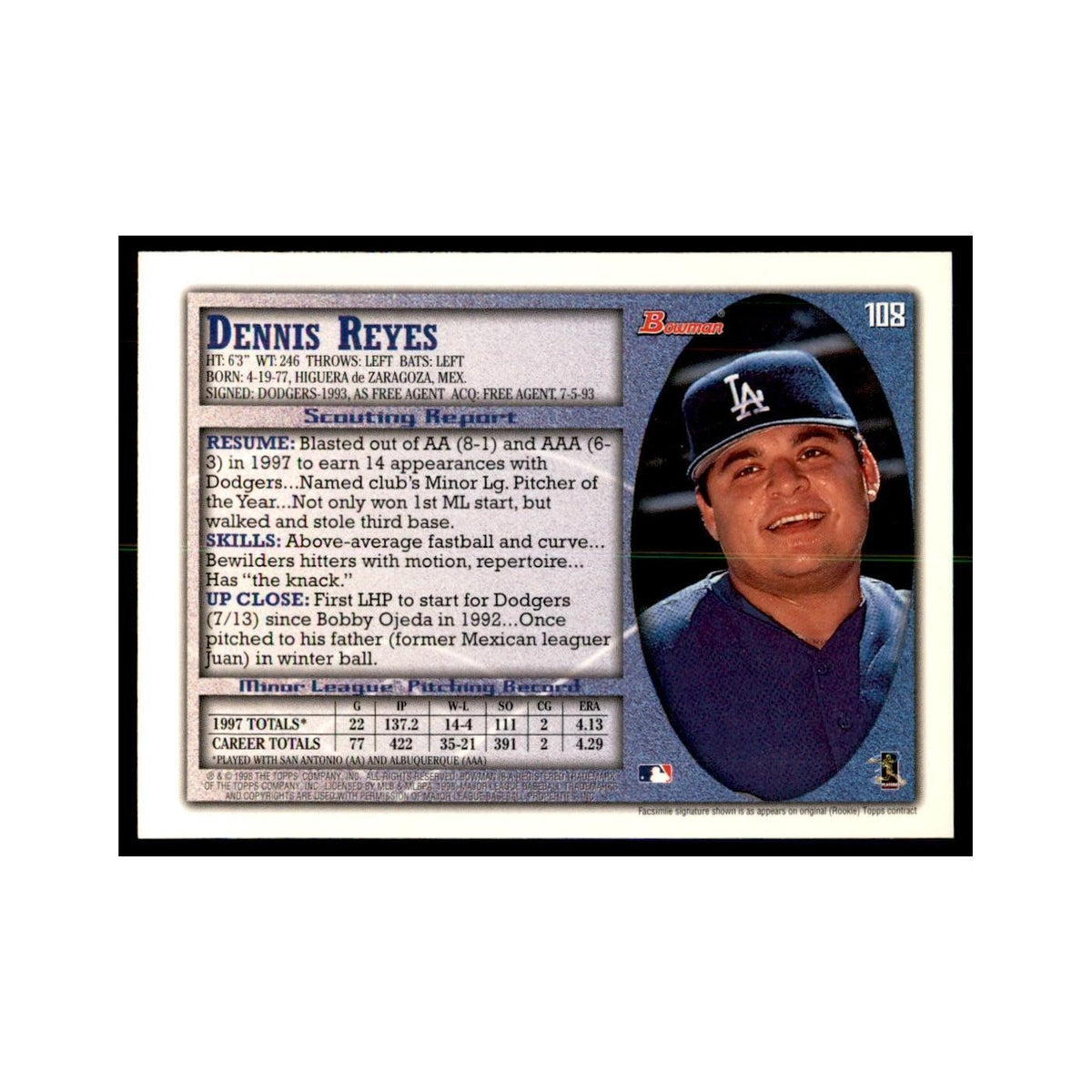 1998 Bowman Dennis Reyes Baseball Cards #108