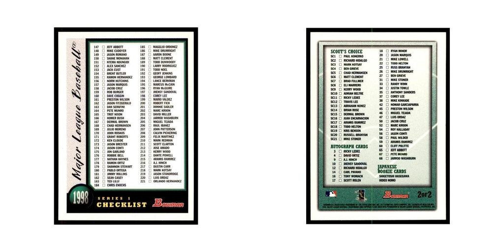 1998 Bowman Checklist Baseball Cards #2 OF 2
