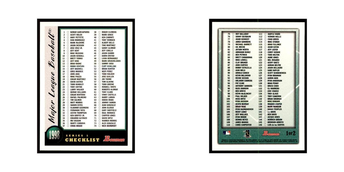 1998 Bowman Checklist Baseball Cards #1 OF 2