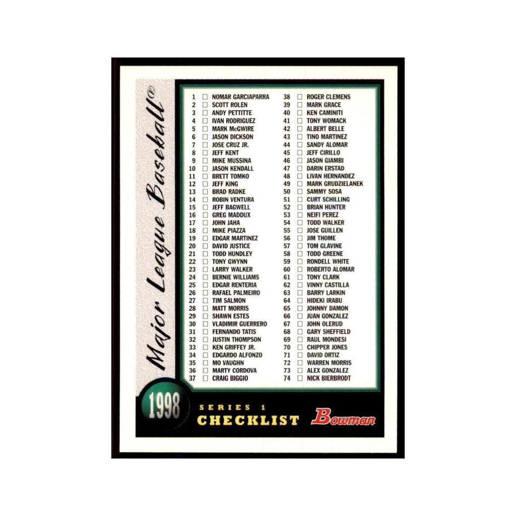 1998 Bowman Checklist Baseball Cards #1 OF 2