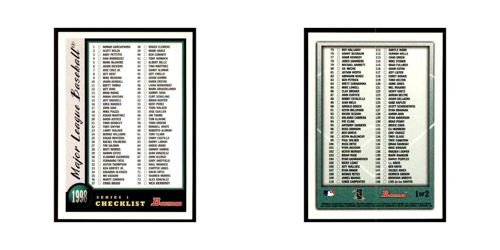 1998 Bowman Checklist Baseball Cards #1 OF 2