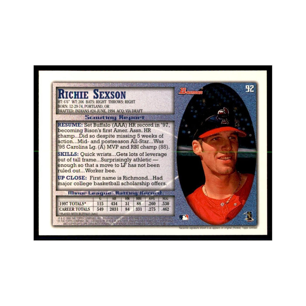 1998 Bowman Richie Sexson Baseball Cards #92