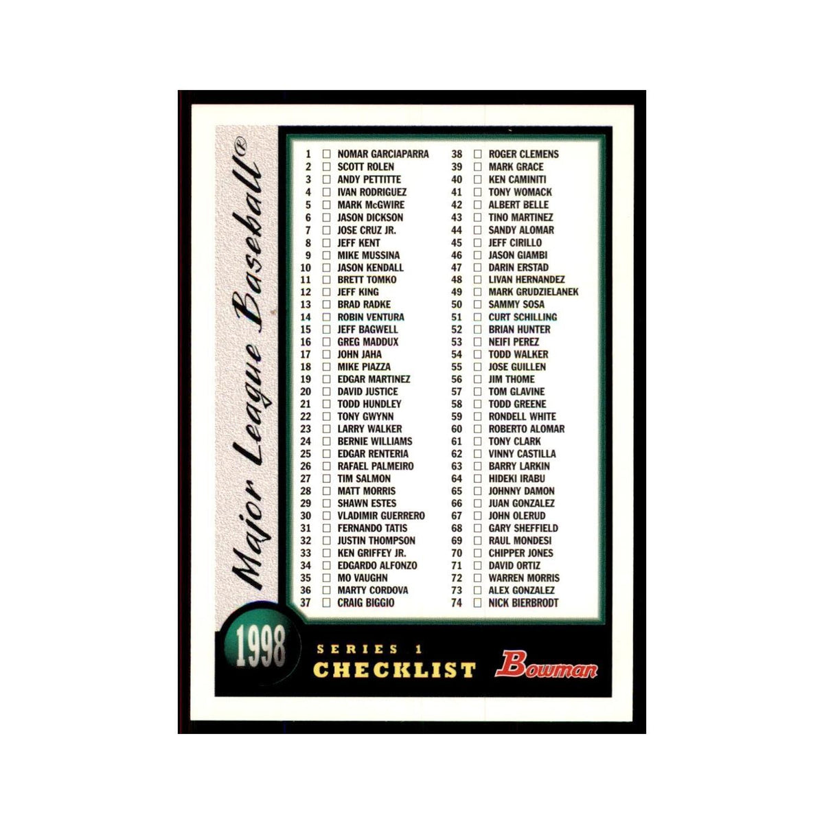 1998 Bowman Checklist Baseball Cards #1 OF 2