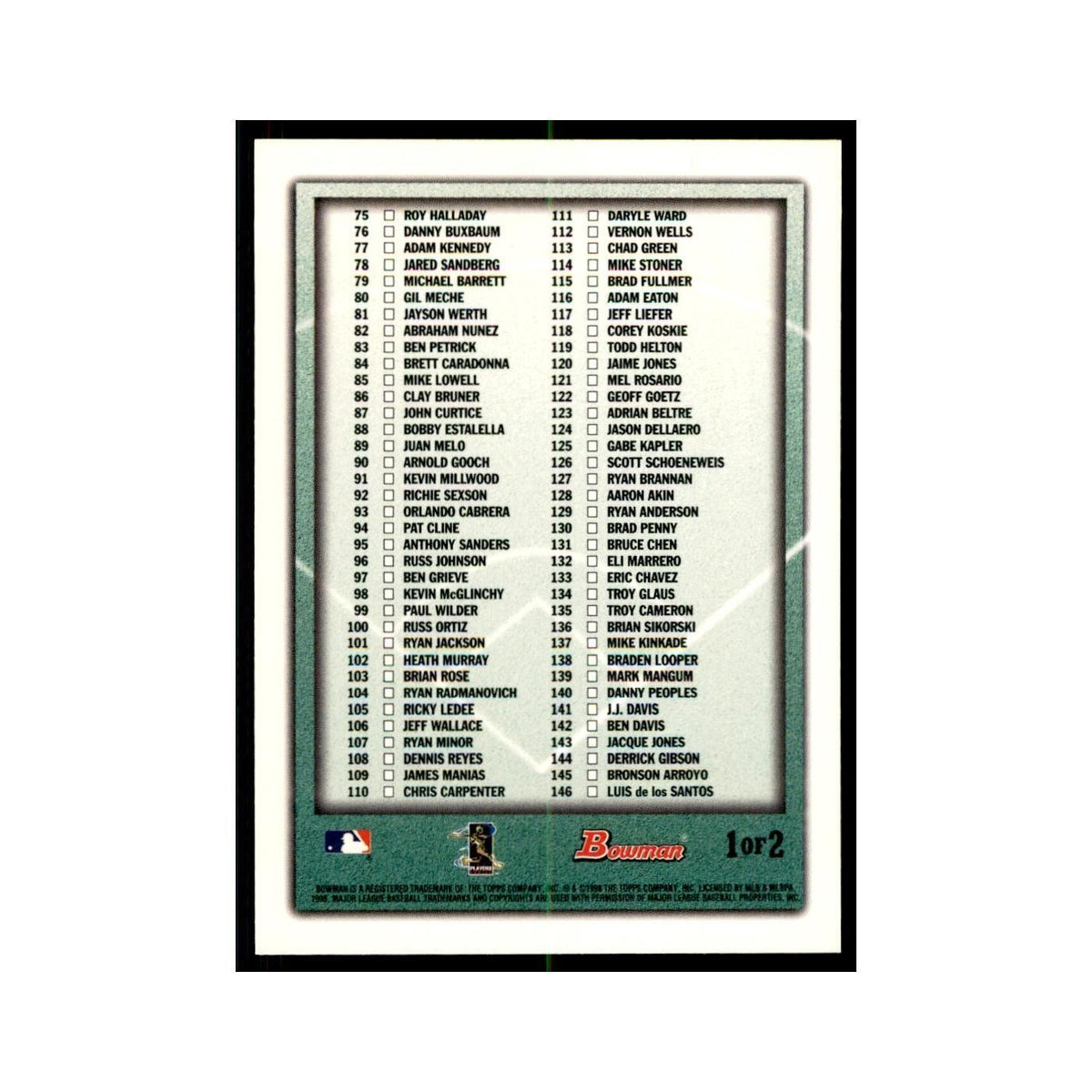 1998 Bowman Checklist Baseball Cards #1 OF 2