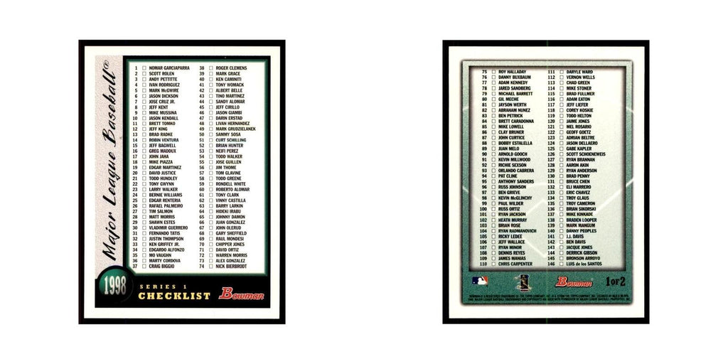 1998 Bowman Checklist Baseball Cards #1 OF 2