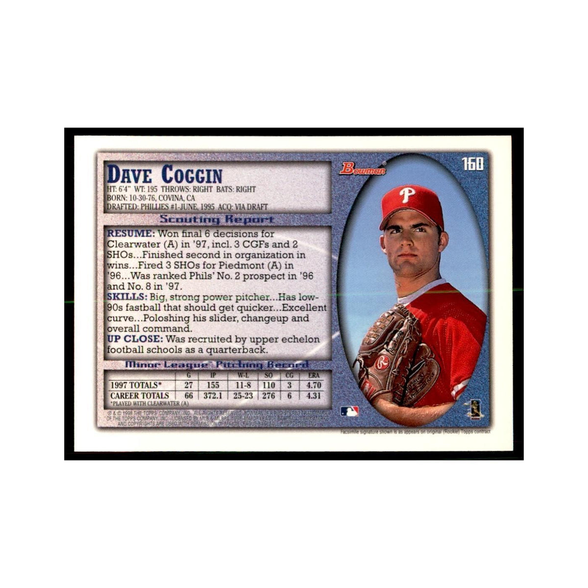 1998 Bowman Dave Coggin Baseball Cards #160