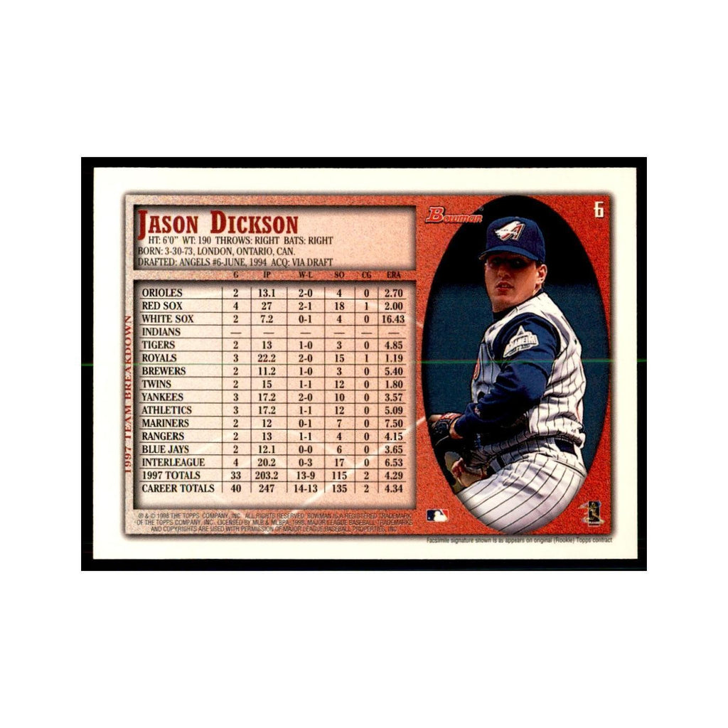 1998 Bowman Jason Dickson Baseball Cards #6
