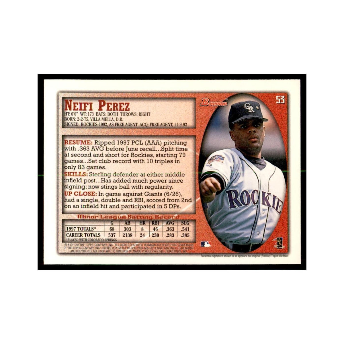 1998 Bowman Neifi Perez Baseball Cards #53