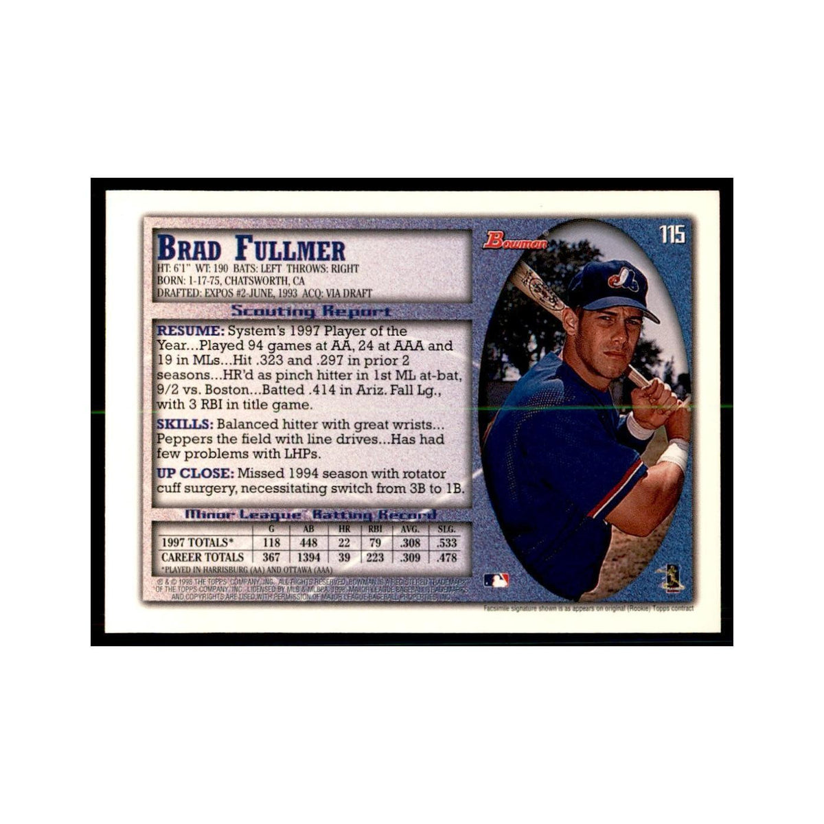 1998 Bowman Brad Fullmer Baseball Cards #115