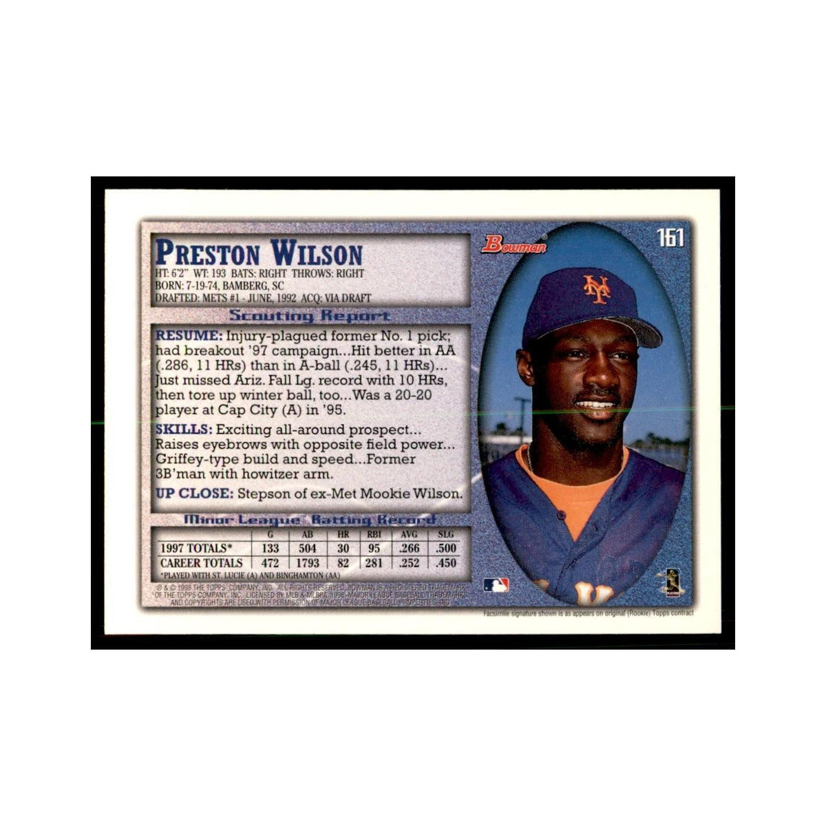 1998 Bowman Preston Wilson Baseball Cards #161