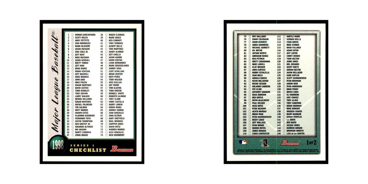 1998 Bowman Checklist Baseball Cards #1 OF 2