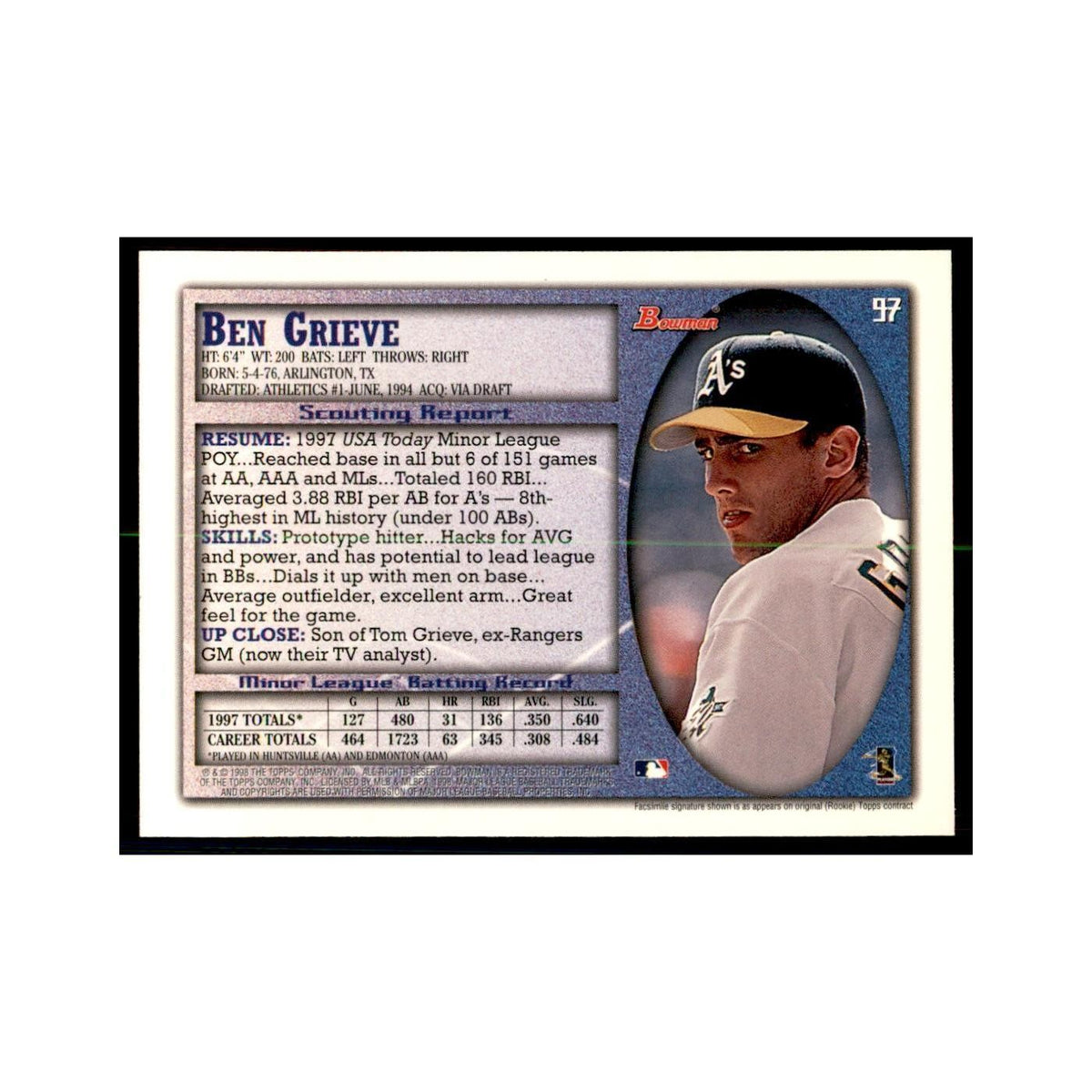 1998 Bowman Ben Grieve Baseball Cards #97