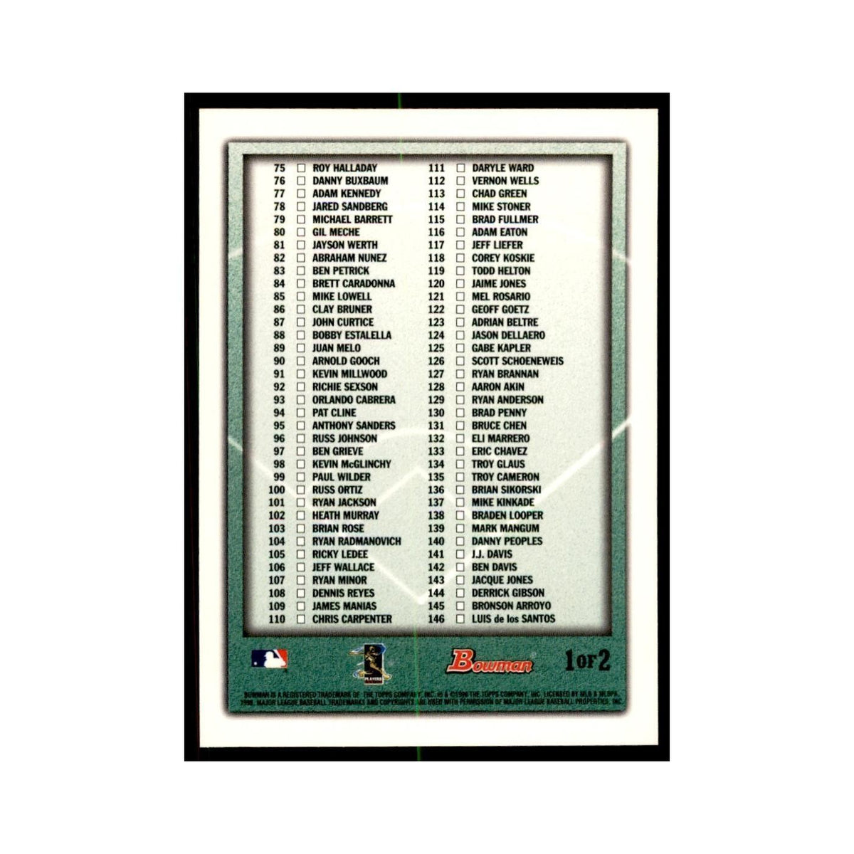 1998 Bowman Checklist Baseball Cards #1 OF 2