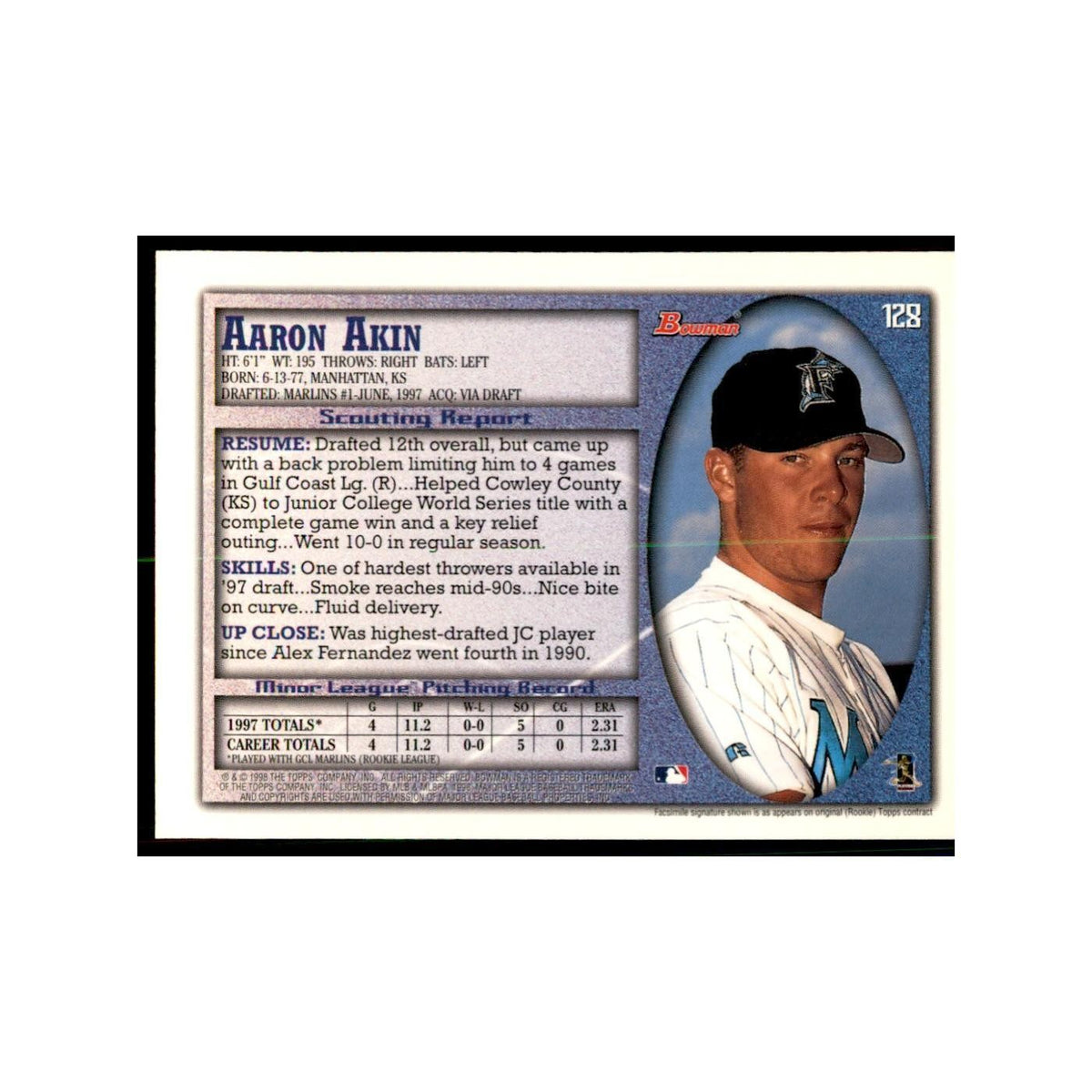 1998 Bowman Aaron Akin Baseball Cards #128