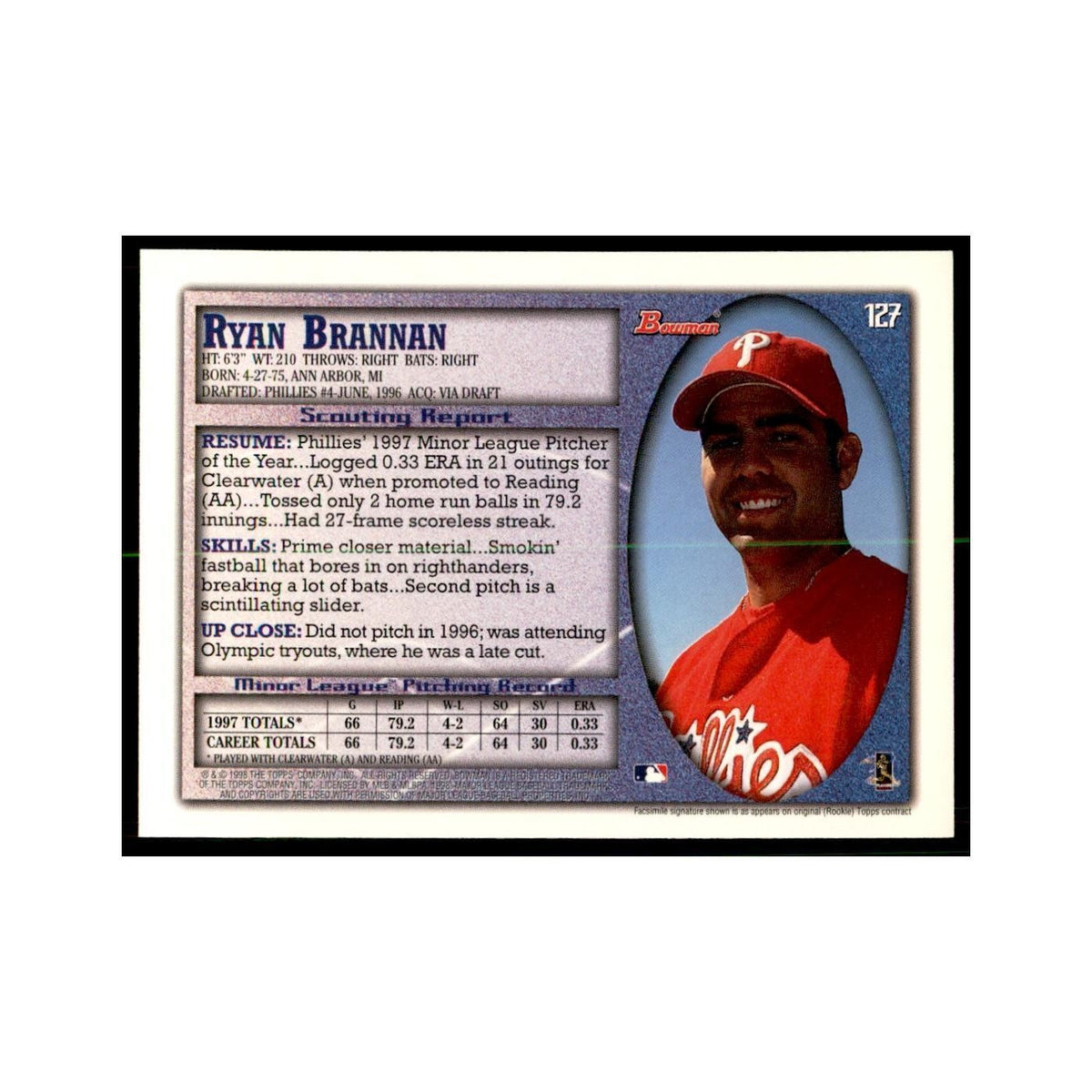 1998 Bowman Ryan Brannan Baseball Cards #127