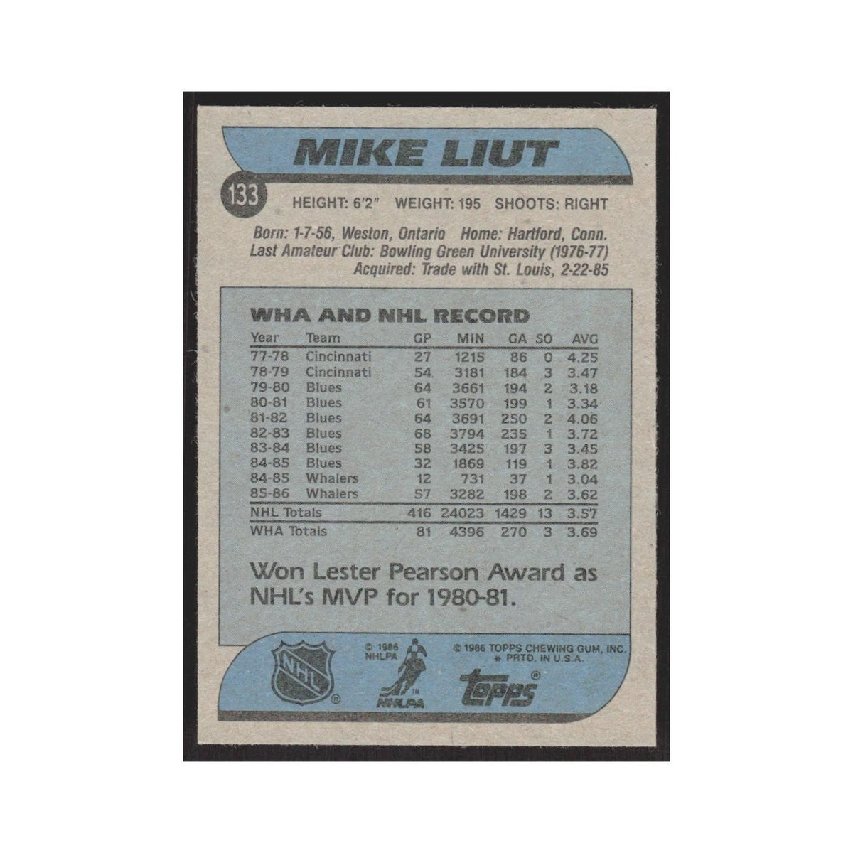 1986 Topps Mike Liut Hartford Whalers #133