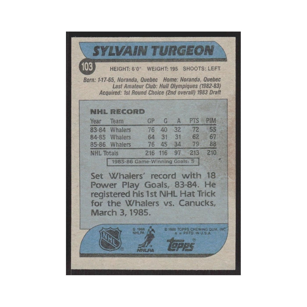 1986 Topps Sylvain Turgeon Hartford Whalers #103