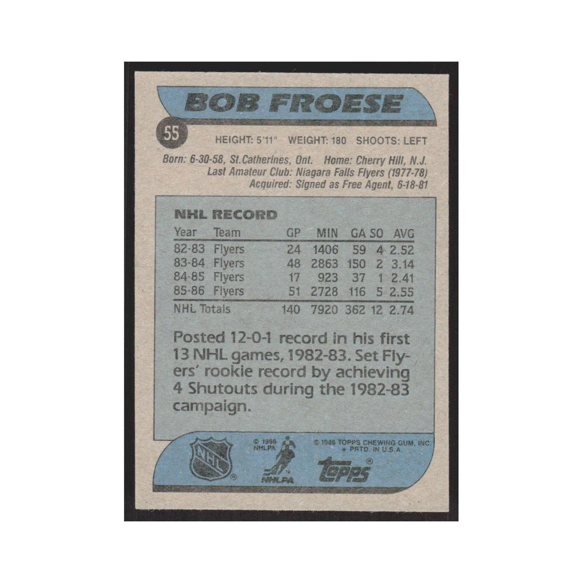 1986 Topps Bob Froese Philadelphia Flyers #55