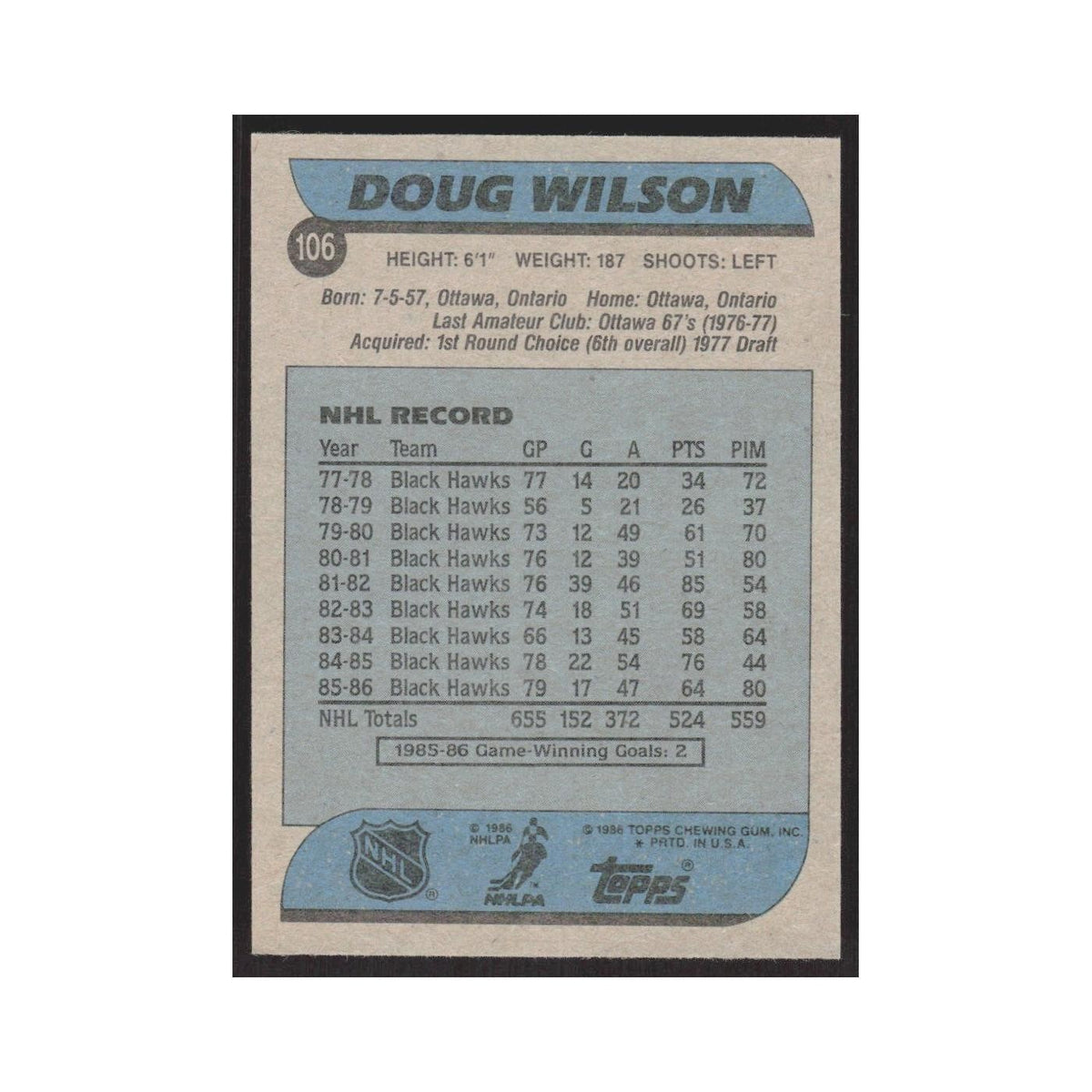 1986 Topps Doug Wilson Chicago Blackhawks #106