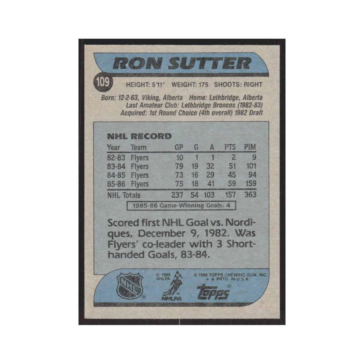 1986 Topps Ron Sutter Philadelphia Flyers #109