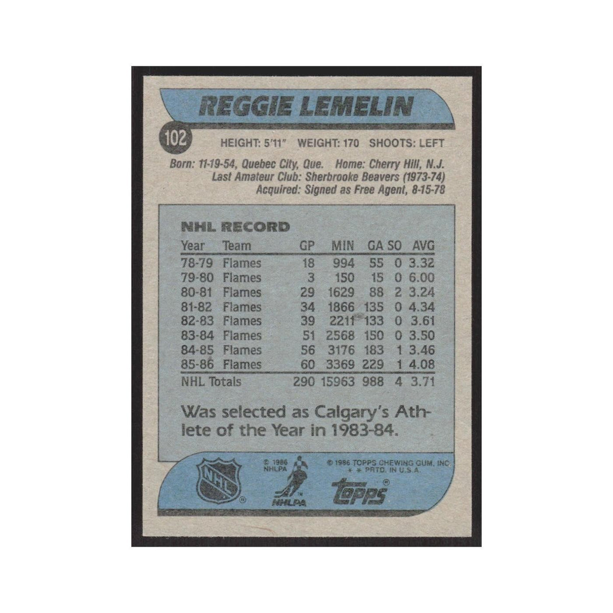 1986 Topps Reggie Lemelin Calgary Flames #102