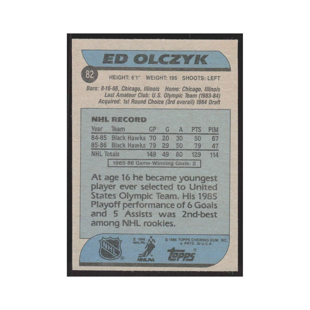1986 Topps Ed Olczyk Chicago Blackhawks #82