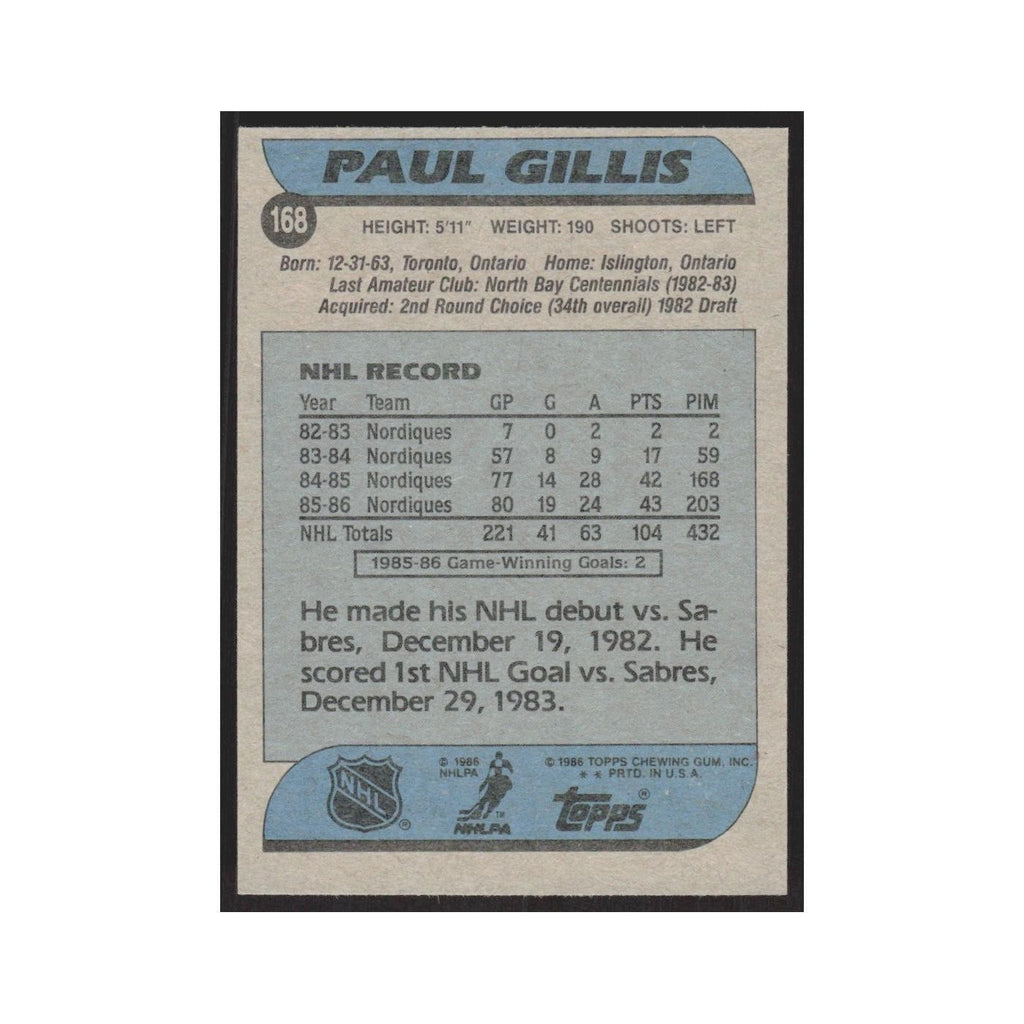 1986 Topps Paul Gillis RC Quebec Nordiques #168