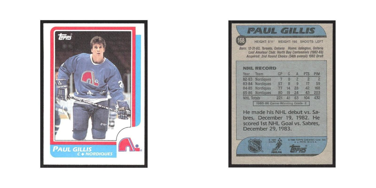 1986 Topps Paul Gillis RC Quebec Nordiques #168