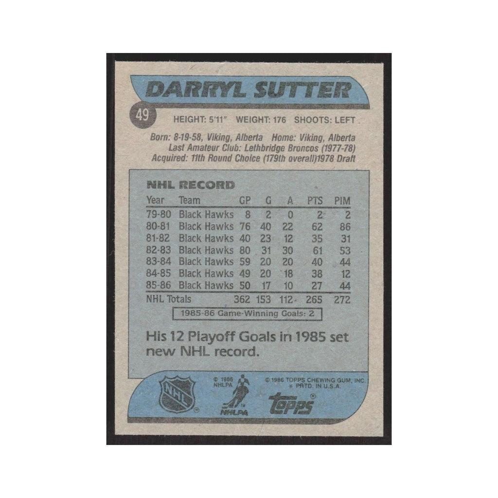 1986 Topps Darryl Sutter Chicago Blackhawks #49