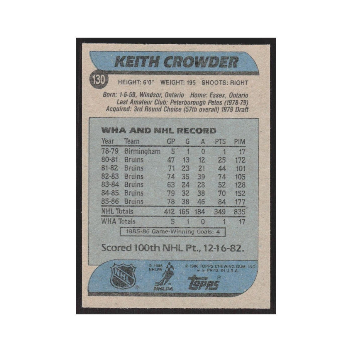 1986 Topps Keith Crowder Boston Bruins #130