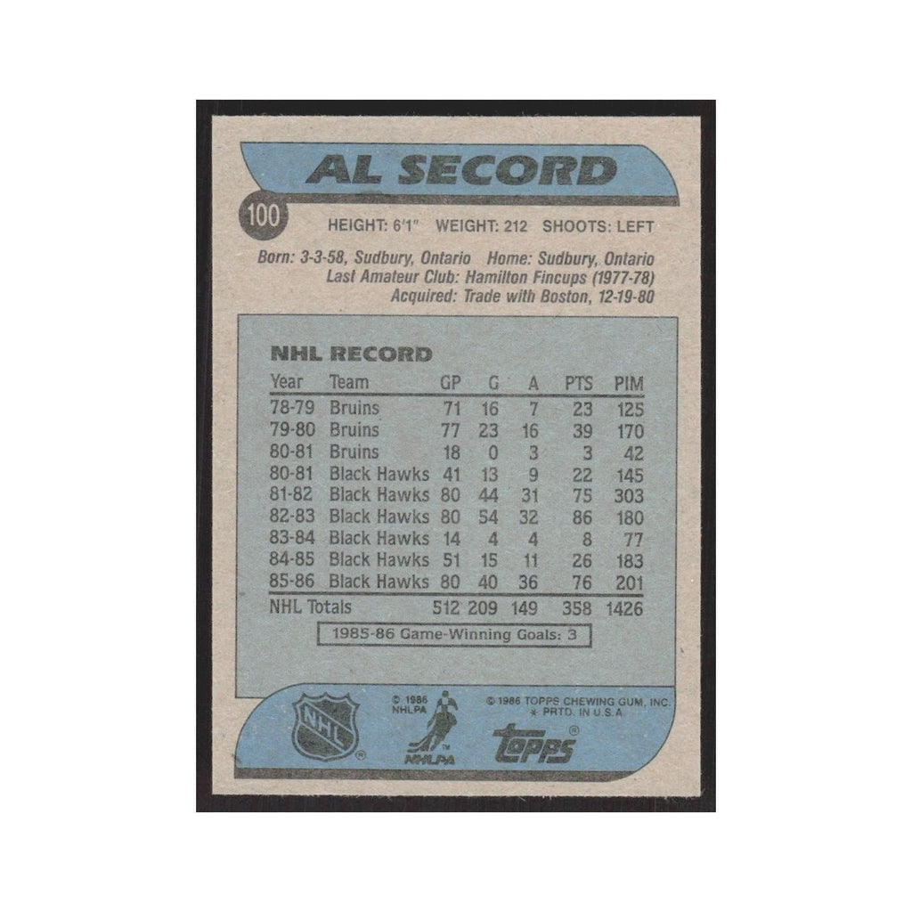 1986 Topps Al Secord Chicago Blackhawks #100
