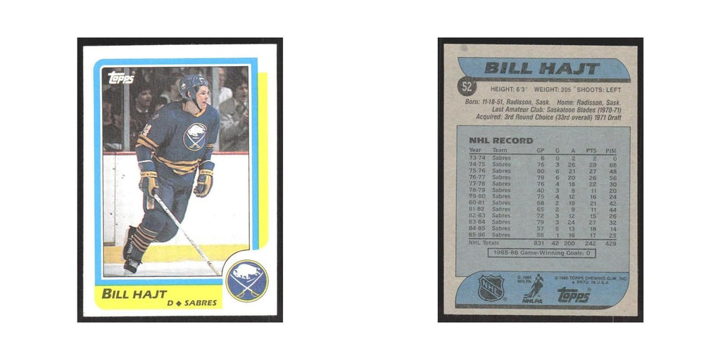 1986 Topps Bill Hajt Buffalo Sabres #52