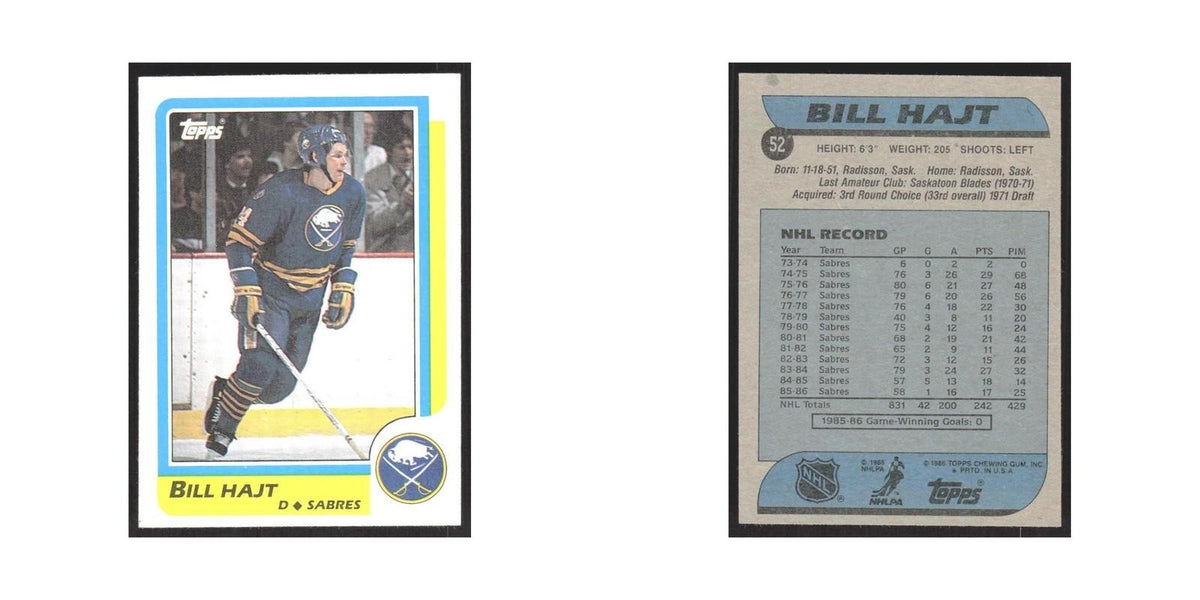 1986 Topps Bill Hajt Buffalo Sabres #52