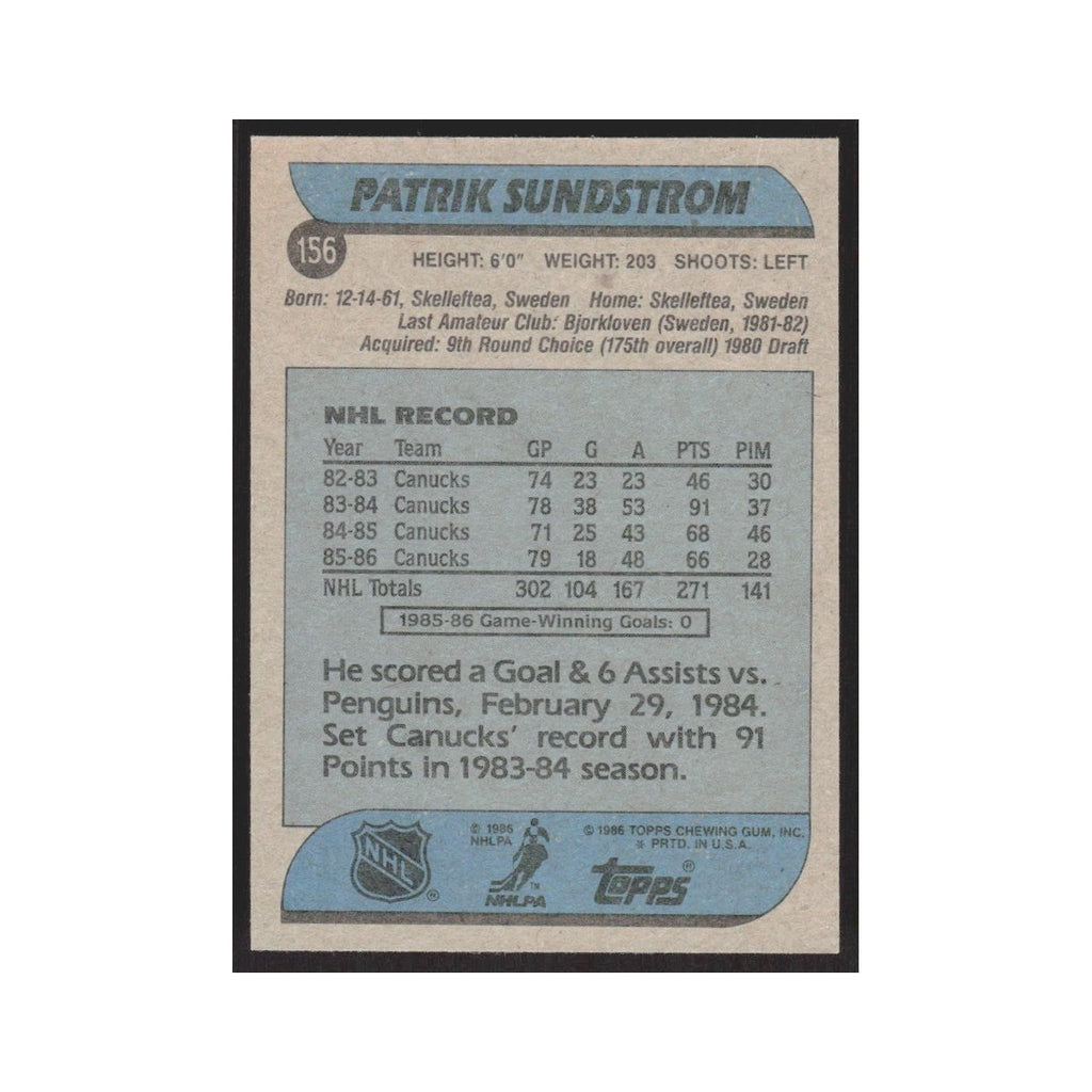 1986 Topps Patrik Sundstrom Vancouver Canucks #156